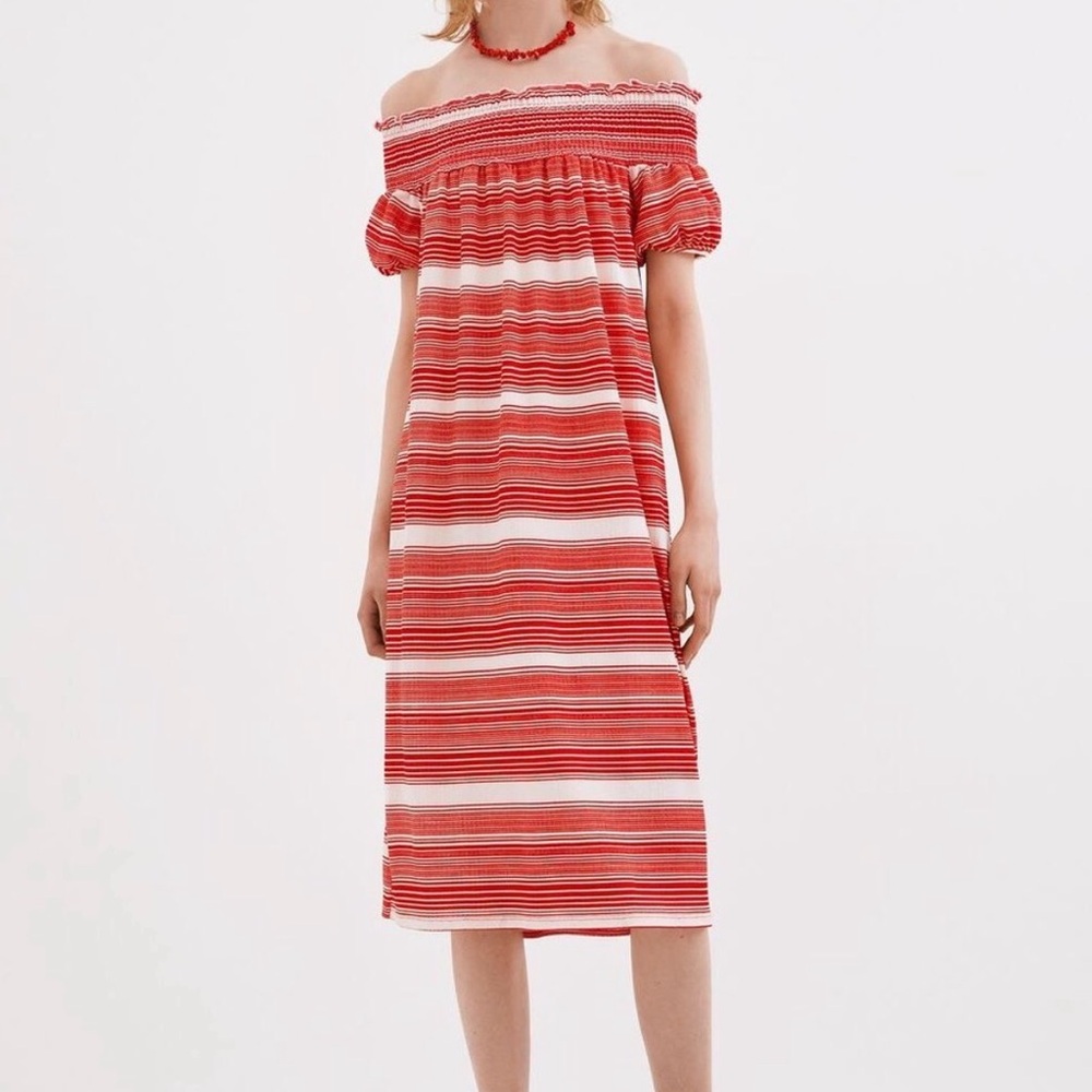 ZARA Off-Shoulder Red Striped Midi Dress Sz Small